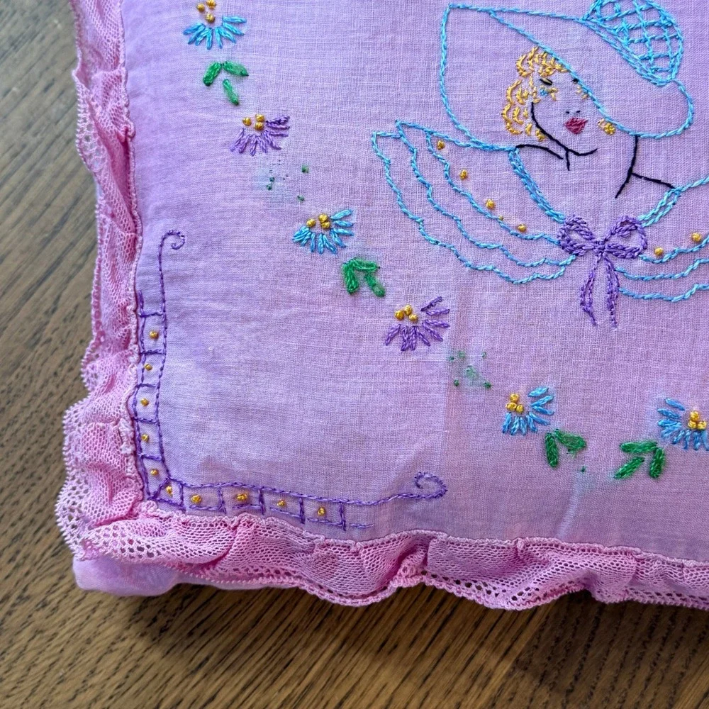 Vintage Hand Embroidered Southern Belle Decorative Pillow Floral Lace Pink